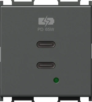 Vgradni USB polnilnik TEM MODUL EM6B z dvema priključkoma USB-C, Power Delivery 65 W, 2M, barva antracit (EM6BAT-U) – pogled od spredaj