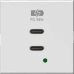 Vgradni USB polnilnik TEM MODUL EM6B z dvema priključkoma USB-C, Power Delivery 65 W, 2M, barva bela mat (EM6BMW-U) – pogled od spredaj