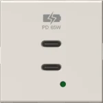 Vgradni USB polnilnik TEM MODUL EM6B z dvema priključkoma USB-C, Power Delivery 65 W, 2M, barva bež sijaj (EM6BIW-U) – pogled od spredaj