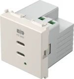 Vgradni USB polnilnik TEM MODUL EM6B z dvema priključkoma USB-C, Power Delivery 65 W, 2M, barva bež sijaj (EM6BIW-U) – 3D pogled s priključnimi sponkami