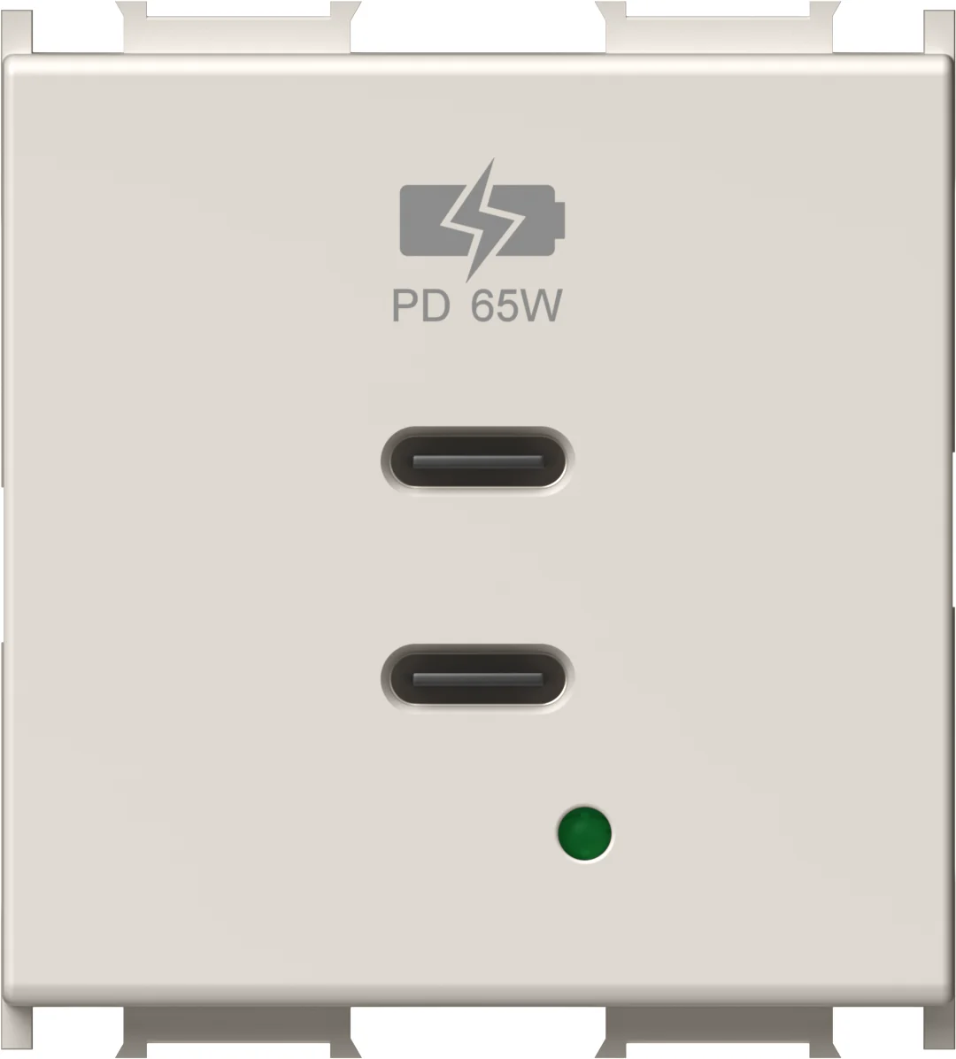 USB polnilnik TEM MODUL EM6B 2× USB-C 65 W 2M – bež sijaj (EM6BIW-U) – pogled od spredaj Vgradni USB polnilnik TEM MODUL EM6B z dvema priključkoma USB-C, Power Delivery 65 W, 2M, barva bež sijaj (EM6BIW-U) – pogled od spredaj