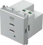 Vgradni USB polnilnik TEM MODUL EM6B z dvema priključkoma USB-C, Power Delivery 65 W, 2M, barva srebrna mat (elox) (EM6BES-U) – 3D pogled s priključnimi sponkami